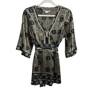 Vintage ICE Womens Y2K Satin Tunic Top M Green Indie Boho Kimono Sleeve Asian